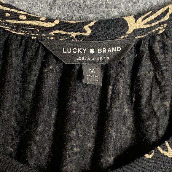 Lucky Brand Rayon Pullover Top Women M Black Tan Design  Hi Low Scoop Neck W/Key - Picture 5 of 12